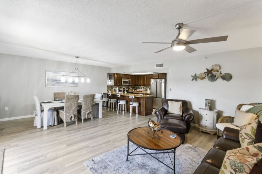 Dining table and kitchen - beachfront rental